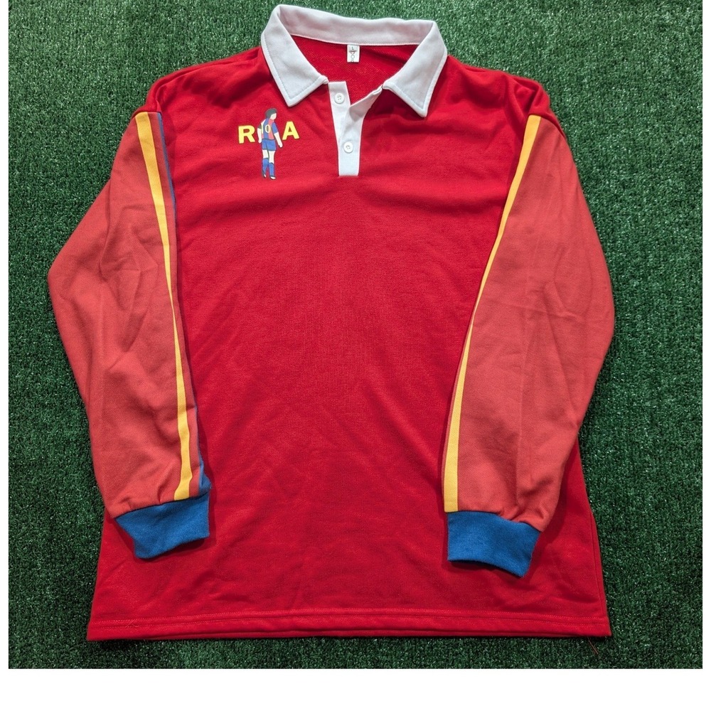 Roma Soccer Maradona Rugby Polo Shirt Red Colorblock Long Sleeve Men's Large